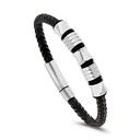 Stainless Steel Bracelet, Rhodium Plated Embedded With Black Leather For Men 316L