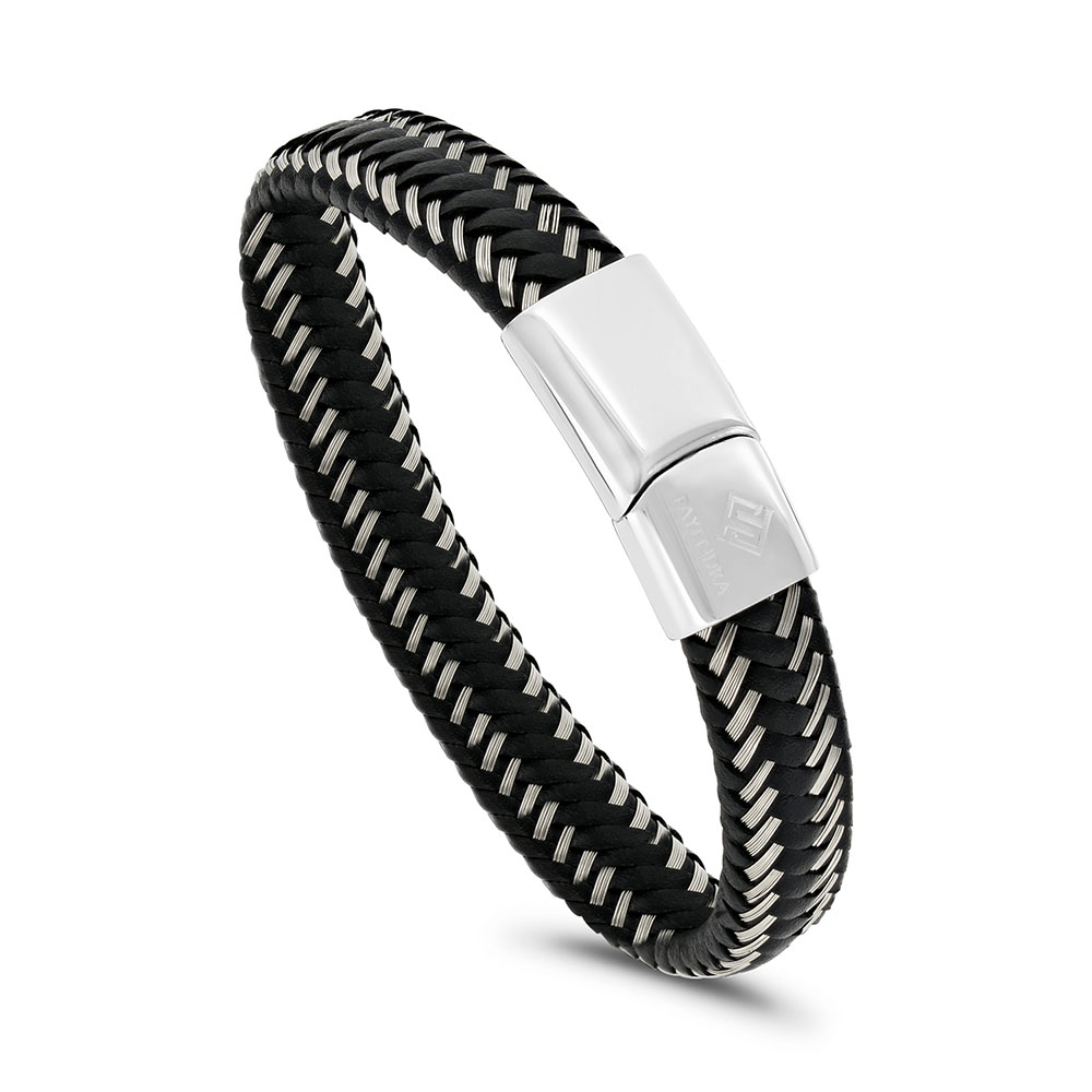 Stainless Steel Bracelet, Rhodium Plated Embedded With Black Leather For Men 316L