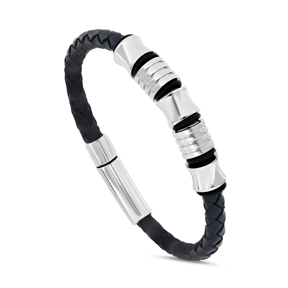 Stainless Steel Bracelet, Rhodium Plated Embedded With Blue Leather For Men 316L