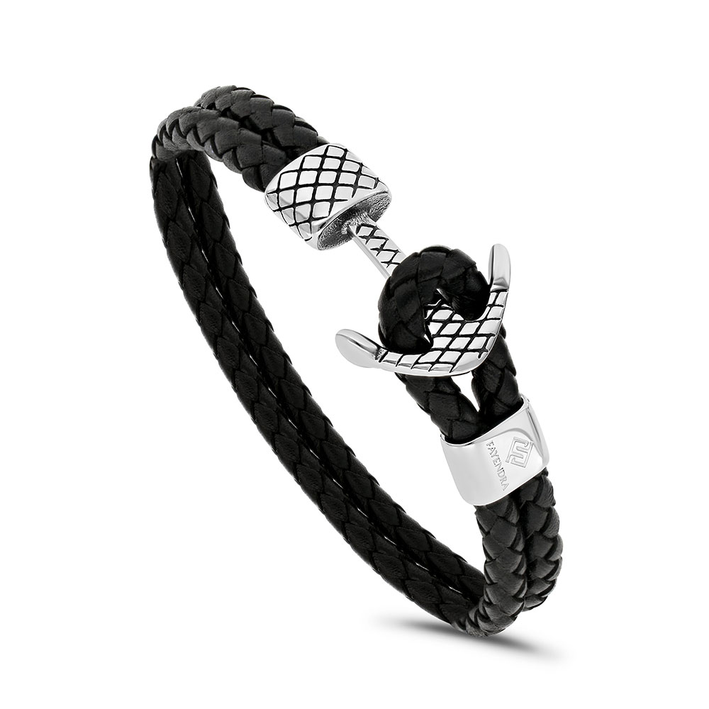 Stainless Steel Bracelet, Rhodium Plated Embedded With Black Leather For Men 316L