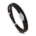 Stainless Steel Bracelet, Rhodium Plated Embedded With Brown Leather For Men 316L