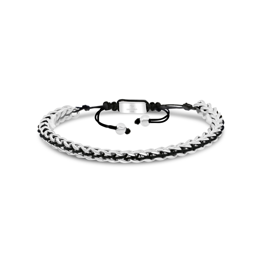 Stainless Steel Bracelet, Rhodium Plated And Black Thread For Men 316L