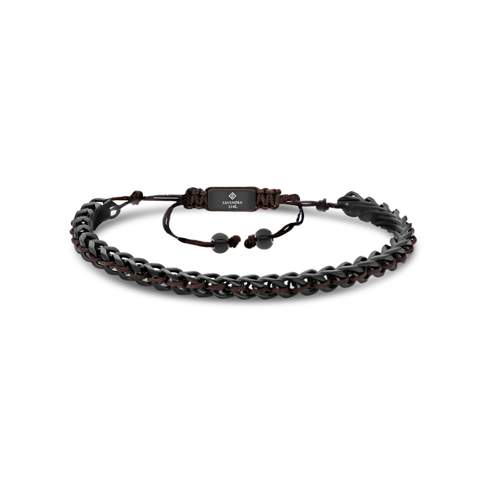 Stainless Steel Bracelet, Black Plated And Brown Thread For Men 316L