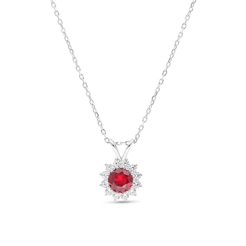 Sterling Silver 925 Necklace Rhodium Plated Embedded With Ruby Corundum And White Zircon