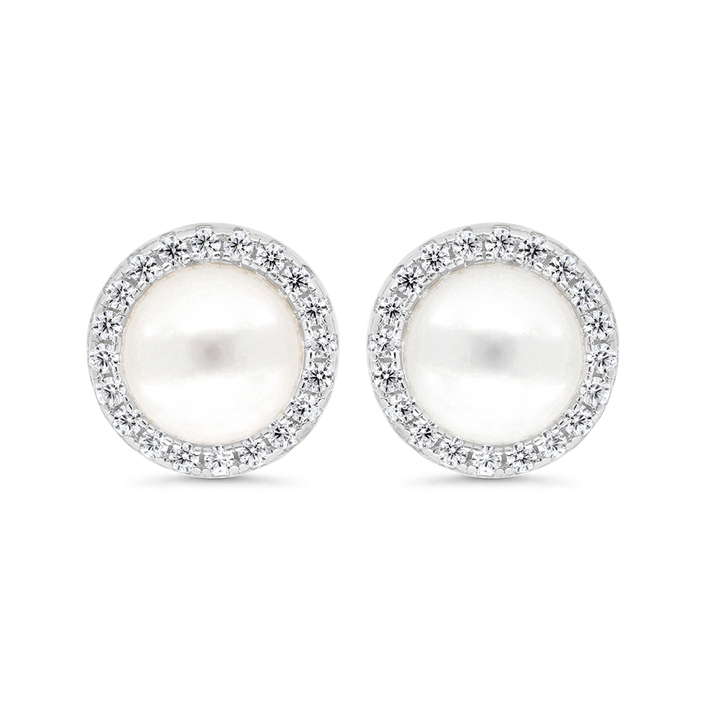 Sterling Silver 925 Earring Rhodium Plated Embedded With Natural White Pearl And  White Zircon 