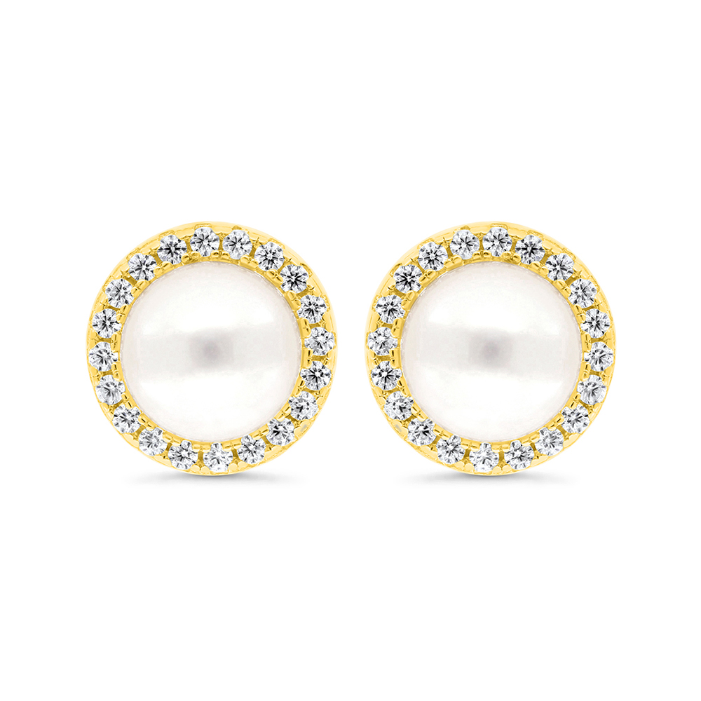 Sterling Silver 925 Earring Gold Plated Embedded With Natural White Pearl And  White Zircon