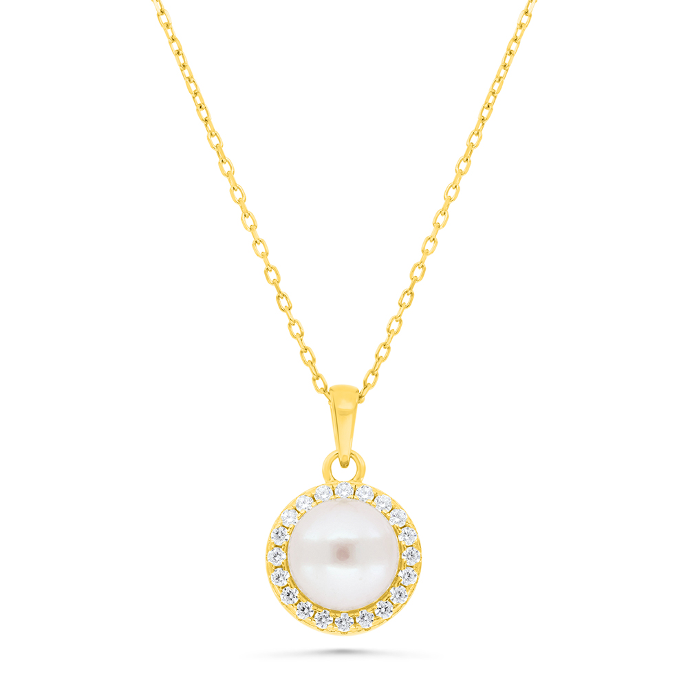 Sterling Silver 925 Necklace Gold Plated Embedded With Natural White Pearl And  White Zircon