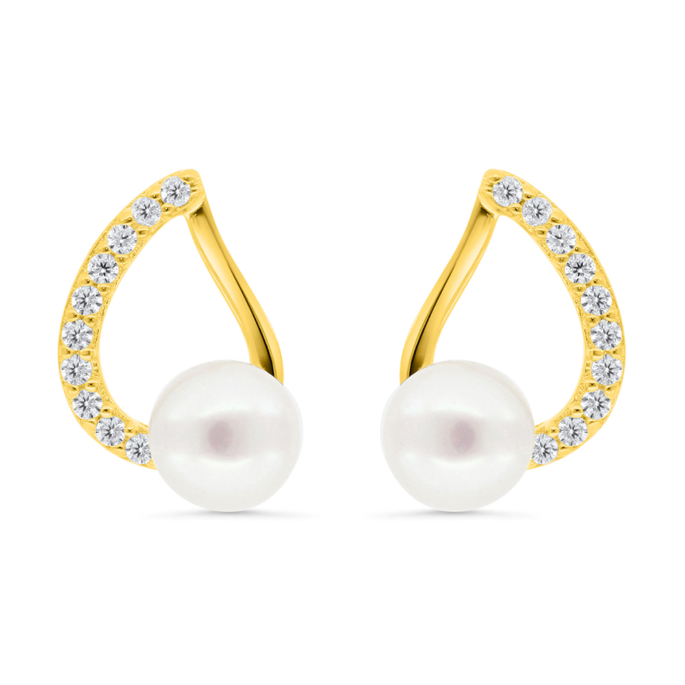 Sterling Silver 925 Earring Gold Plated Embedded With Natural White Pearl And  White Zircon