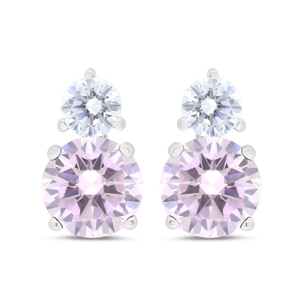 Sterling Silver 925 Earring Rhodium Plated Embedded With Pink Zircon And White Zircon