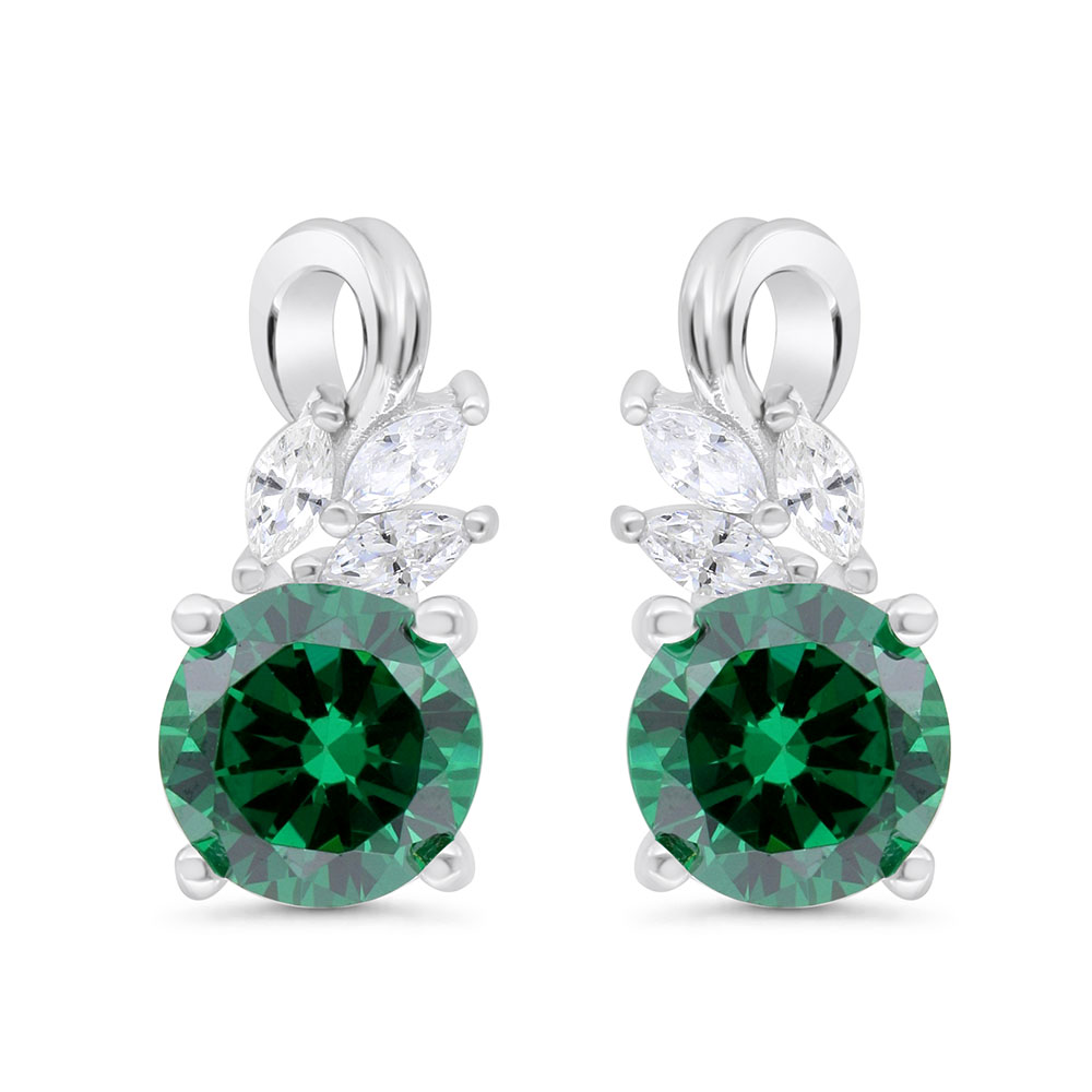 Sterling Silver 925 Earring Rhodium Plated Embedded With Emerald Zircon And White Zircon