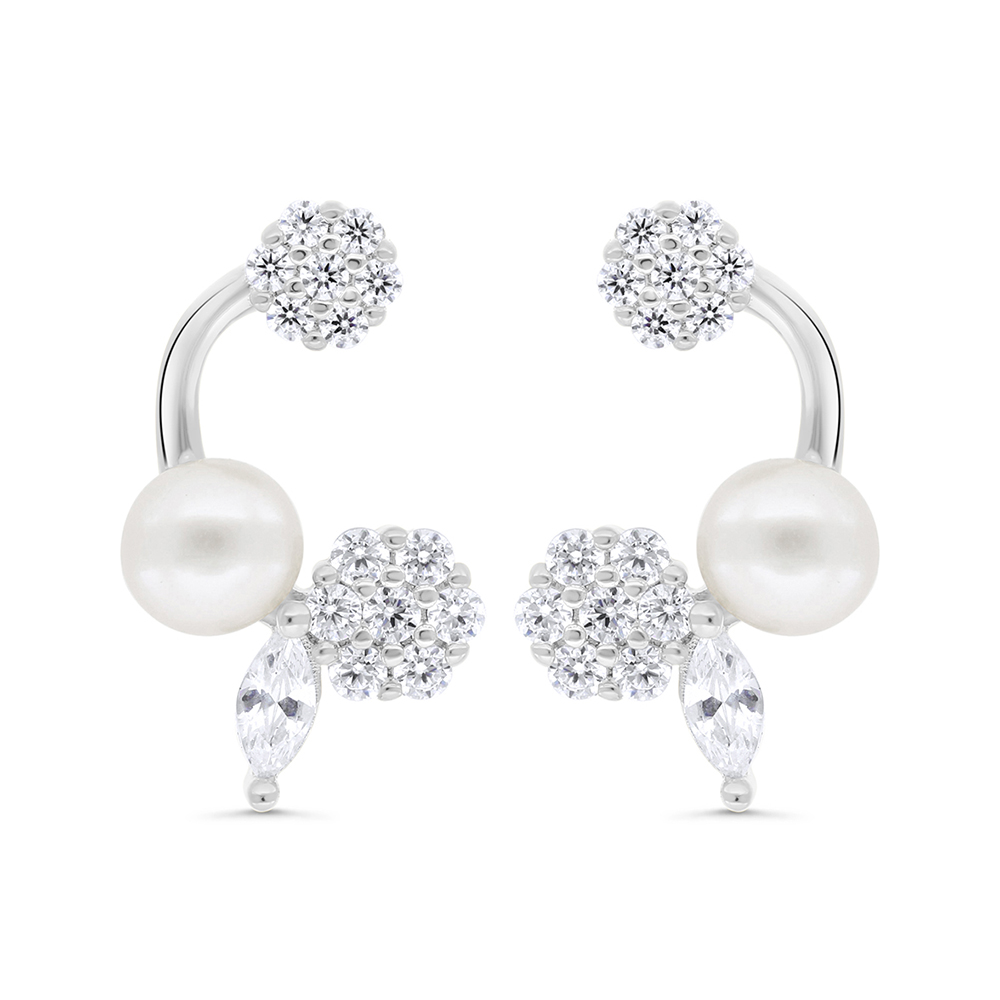 Sterling Silver 925 Earring Rhodium Plated Embedded With Natural White Pearl And White Zircon