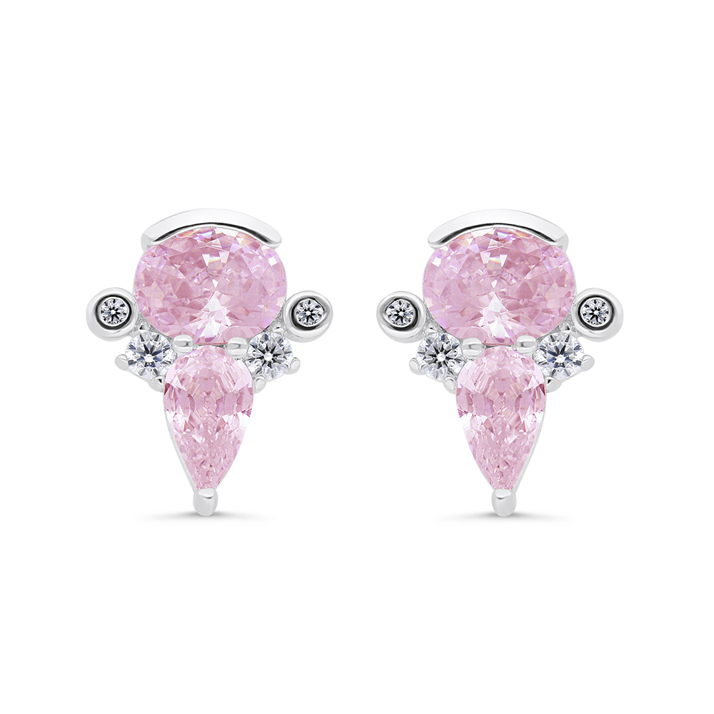 Sterling Silver 925 Earring Rhodium Plated Embedded With Pink Zircon And White Zircon