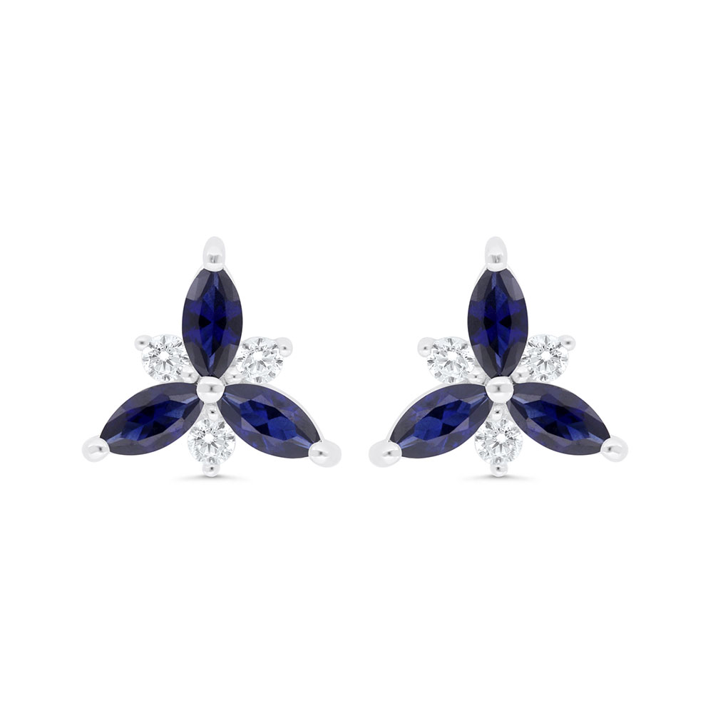 Sterling Silver 925 Earring Rhodium Plated Embedded With Sapphire Corundum And White Zircon