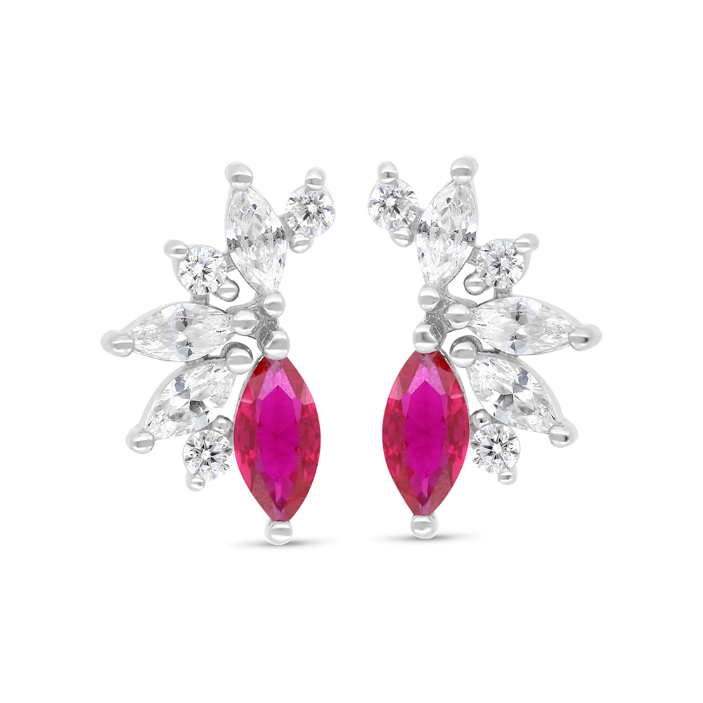 Sterling Silver 925 Earring Rhodium Plated Embedded With Ruby Corundum And White Zircon