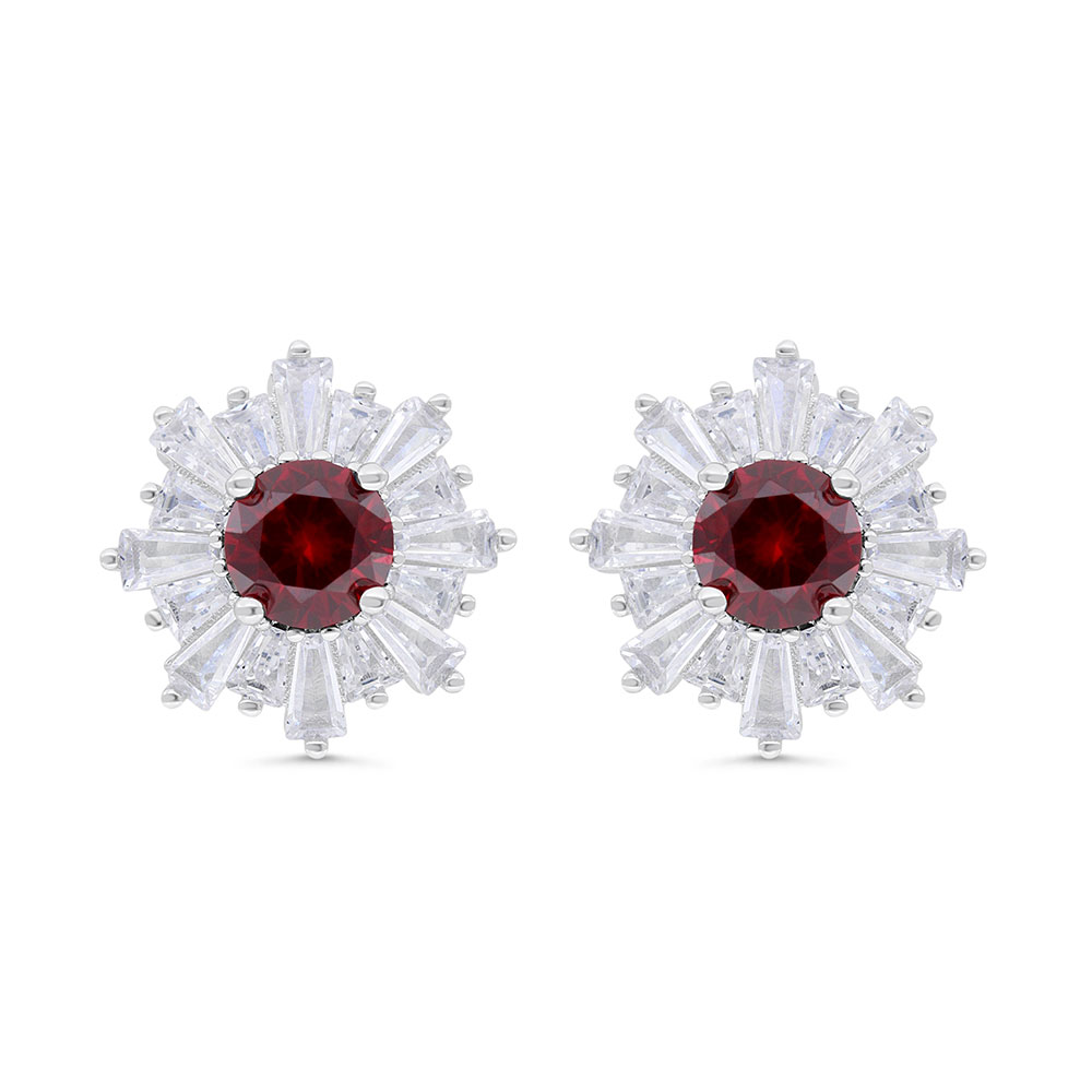 Sterling Silver 925 Earring  Rhodium Plated Embedded With Ruby Corundum And White Zircon