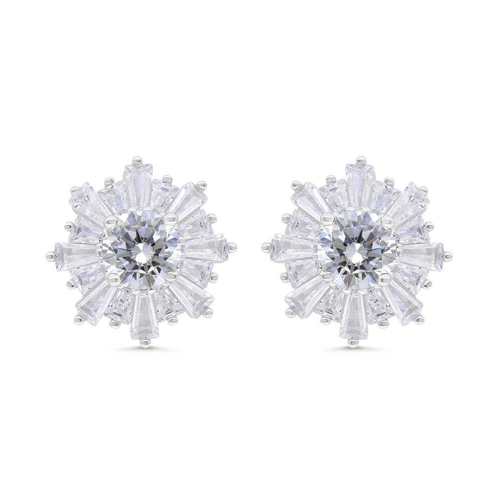 Sterling Silver 925 Earring Rhodium Plated Embedded With White Zircon 