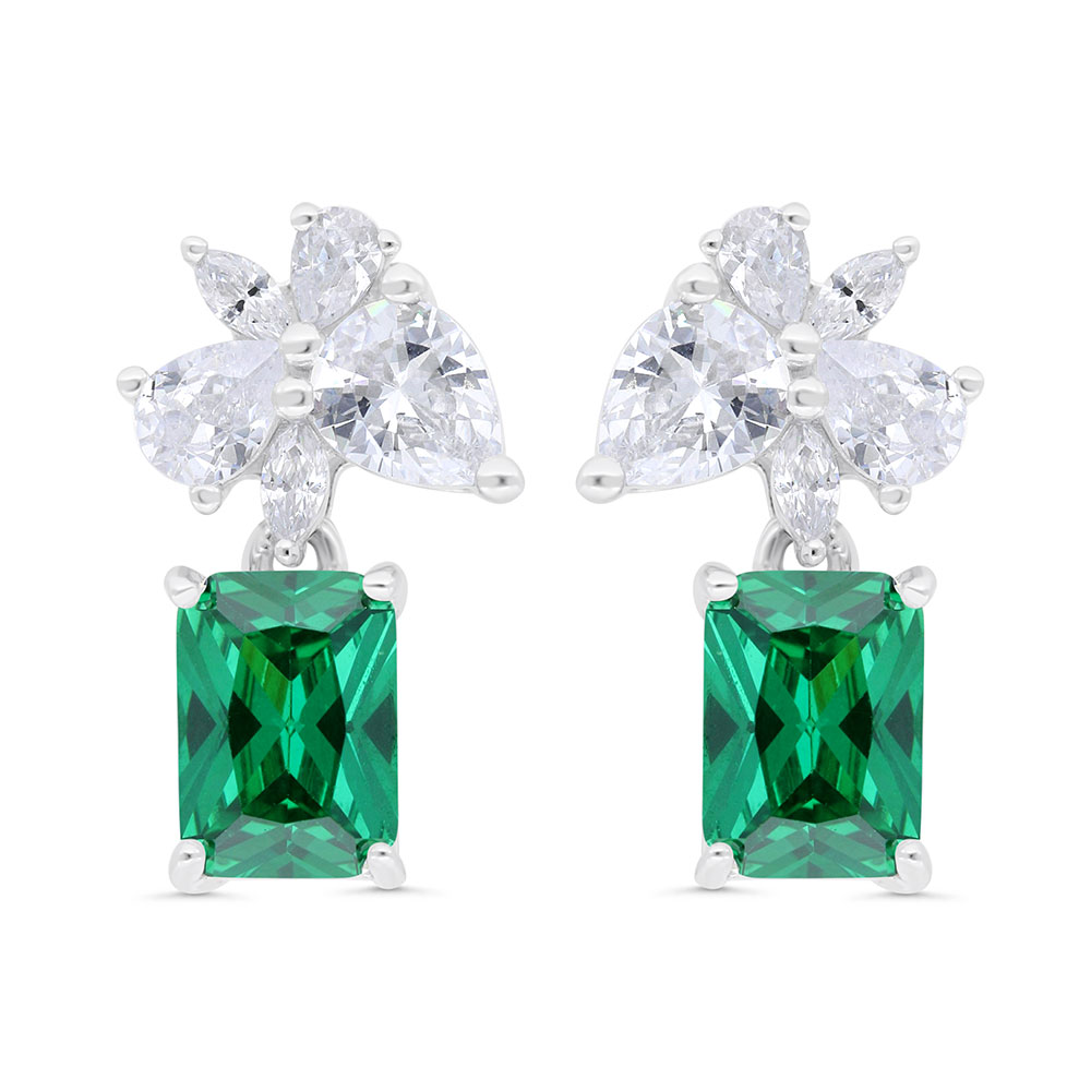 Sterling Silver 925 Earring Rhodium Plated Embedded With Emerald Zircon And White Zircon