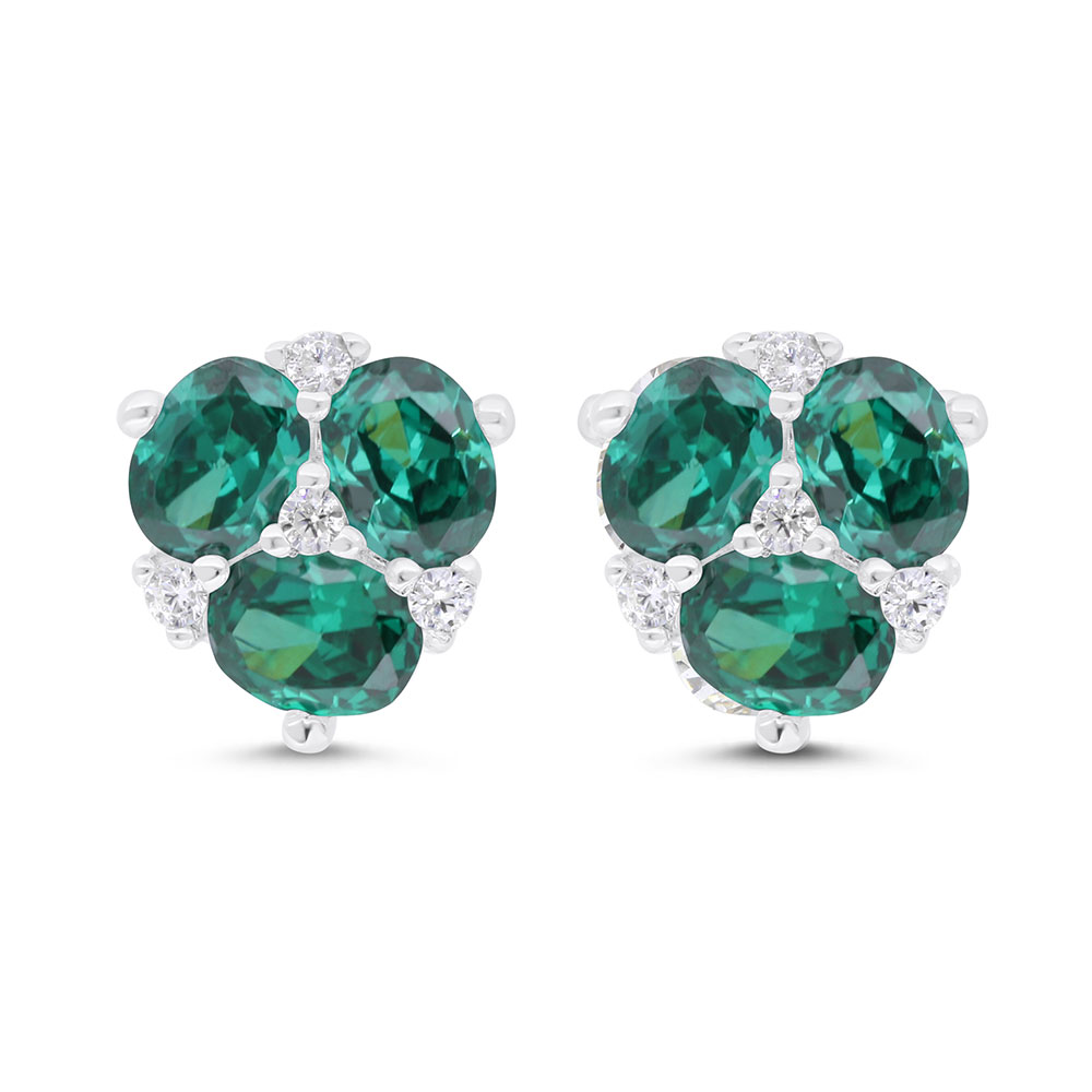 Sterling Silver 925 Earring Rhodium Plated Embedded With Emerald Zircon And White Zircon