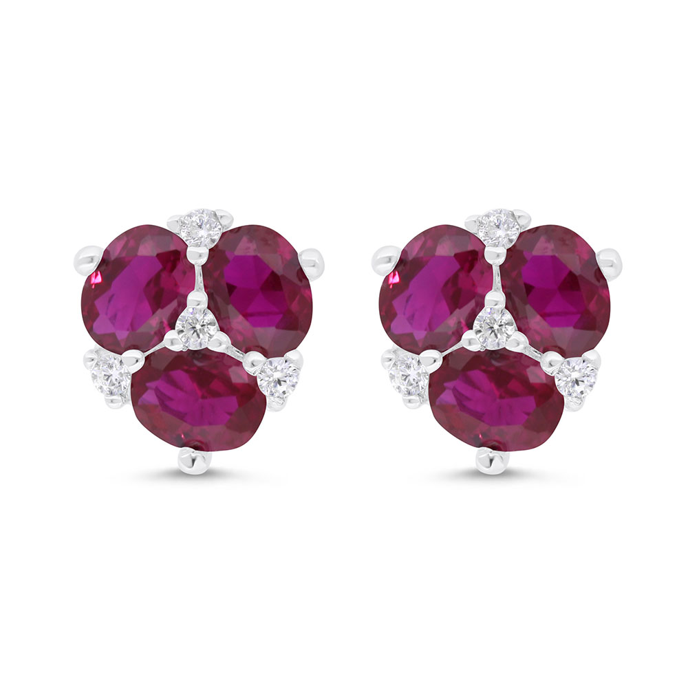 Sterling Silver 925 Earring  Rhodium Plated Embedded With Ruby Corundum And White Zircon