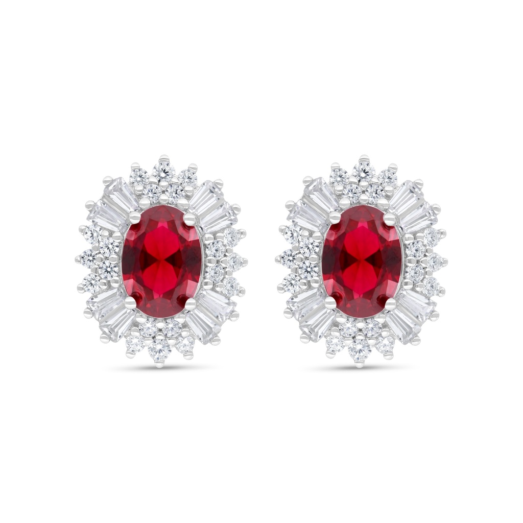 Sterling Silver 925 Earring  Rhodium Plated Embedded With Ruby Corundum And White Zircon