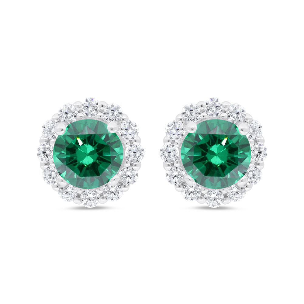 Sterling Silver 925 Earring Rhodium Plated Embedded With Emerald Zircon And White Zircon