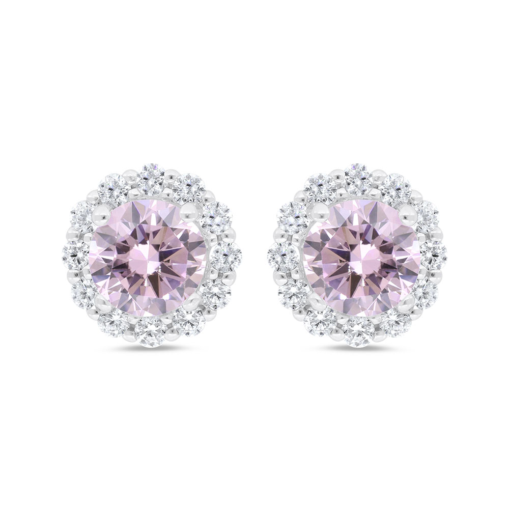 Sterling Silver 925 Earring Rhodium Plated Embedded With Pink Zircon And White Zircon