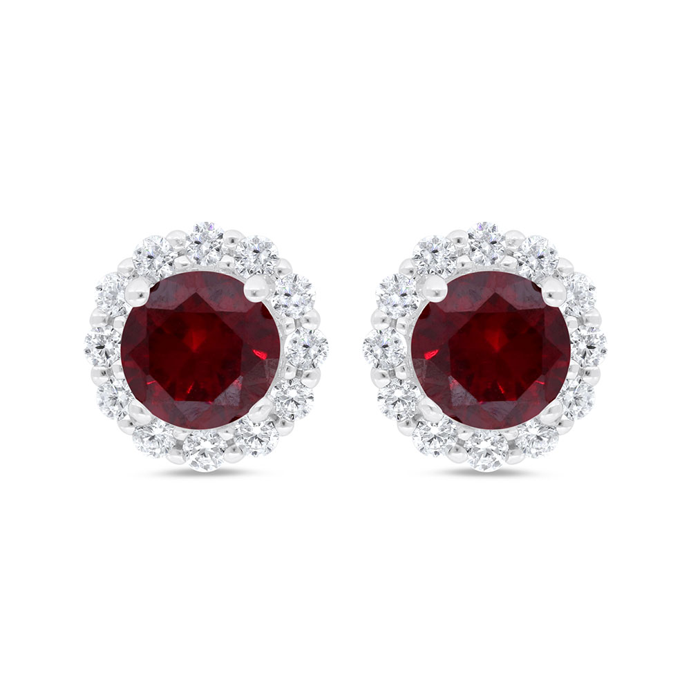 Sterling Silver 925 Earring  Rhodium Plated Embedded With Ruby Corundum And White Zircon