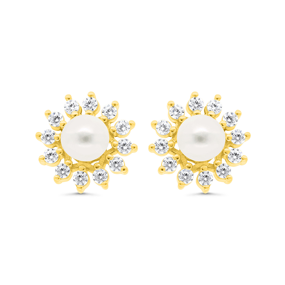 Sterling Silver 925 Earring Gold Plated Embedded With Natural White Pearl And  White Zircon