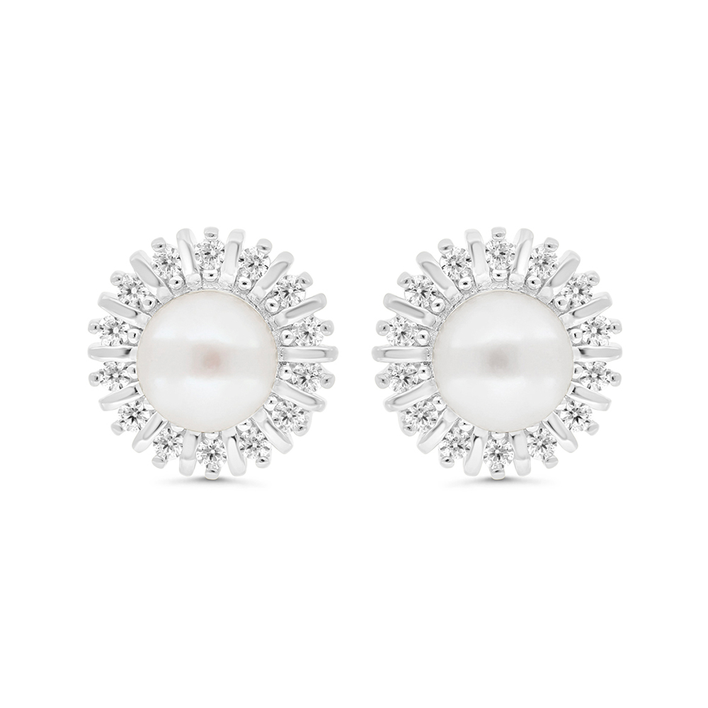 Sterling Silver 925 Earring Rhodium Plated Embedded With Natural White Pearl And White Zircon