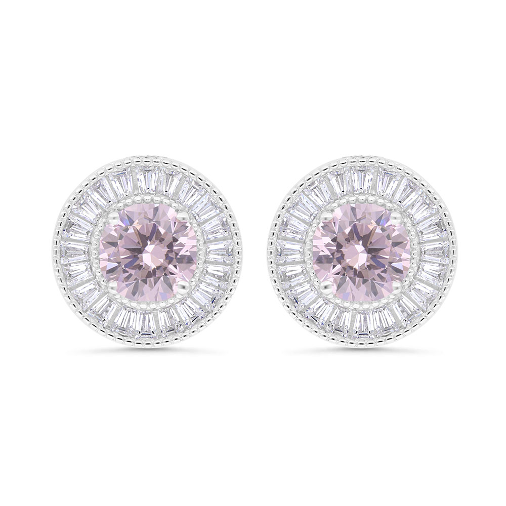 Sterling Silver 925 Earring Rhodium Plated Embedded With Pink Zircon And White Zircon