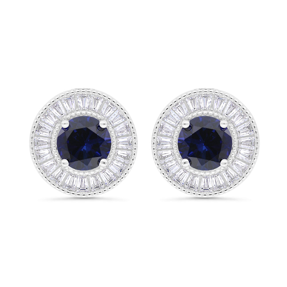 Sterling Silver 925 Earring Rhodium Plated Embedded With Sapphire Corundum And White Zircon