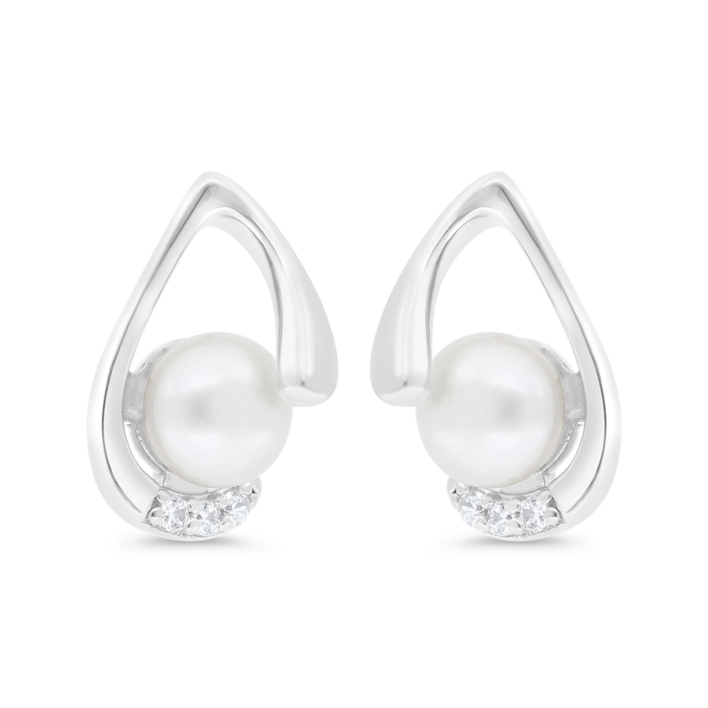 Sterling Silver 925 Earring Rhodium Plated Embedded With Natural White Pearl And White Zircon