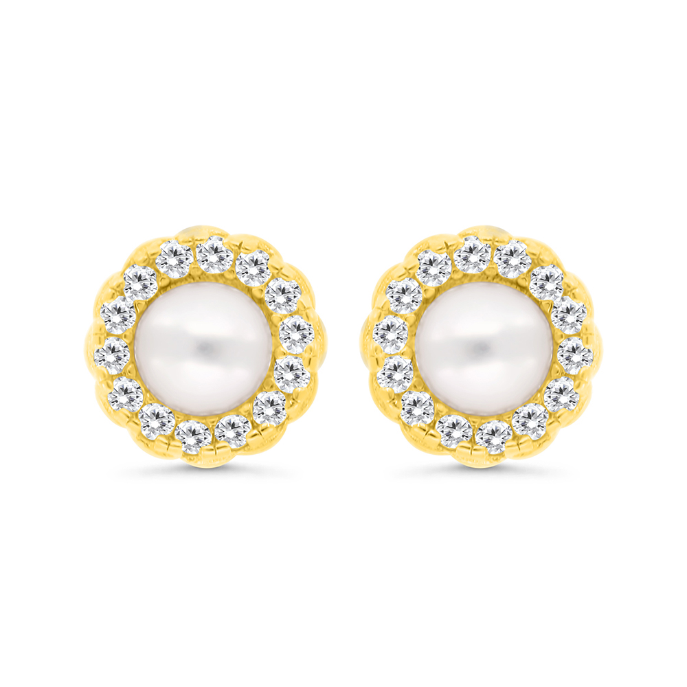 Sterling Silver 925 Earring Gold Plated Embedded With Natural White Pearl And  White Zircon