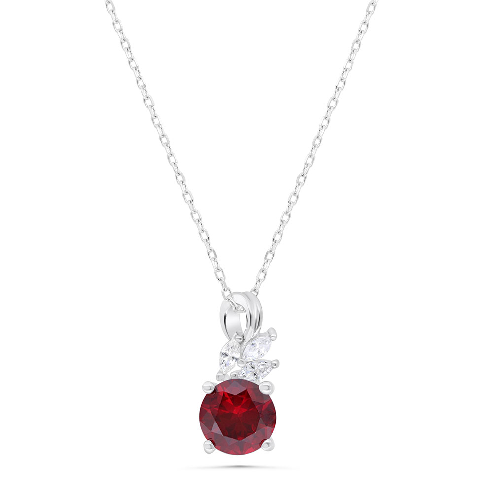 Sterling Silver 925 Necklace  Rhodium Plated Embedded With Ruby Corundum And White Zircon