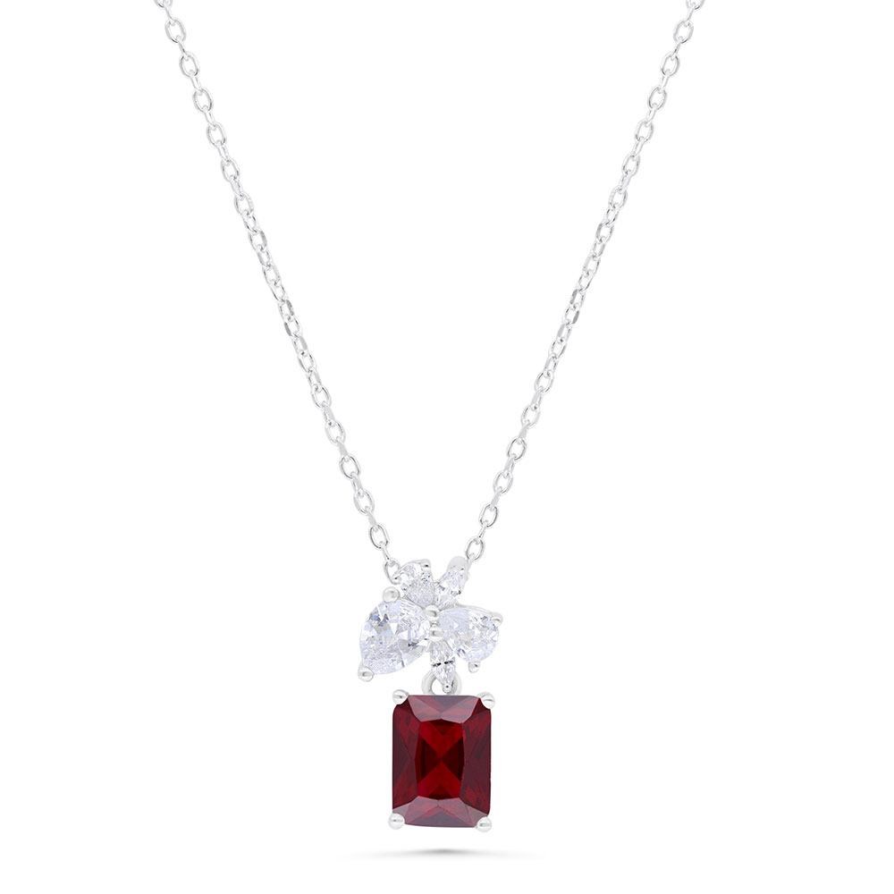 Sterling Silver 925 Necklace  Rhodium Plated Embedded With Ruby Corundum And White Zircon