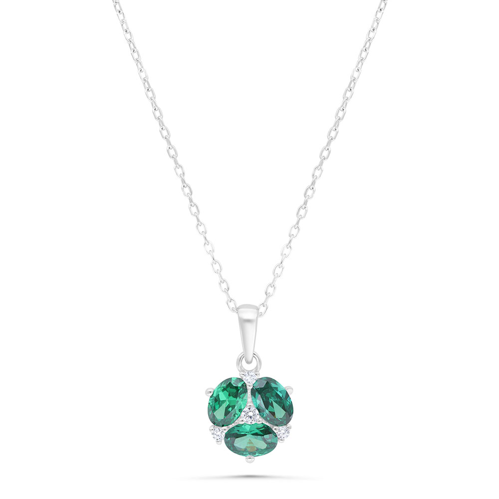 Sterling Silver 925 Necklace Rhodium Plated Embedded With Emerald Zircon And White Zircon