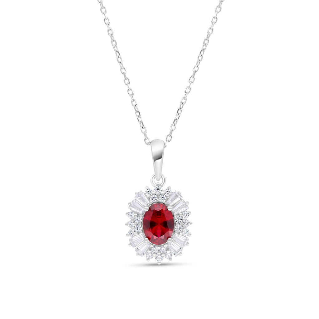 Sterling Silver 925 Necklace  Rhodium Plated Embedded With Ruby Corundum And White Zircon