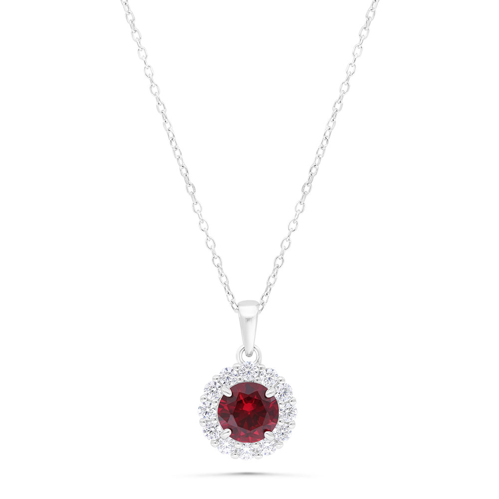 Sterling Silver 925 Necklace  Rhodium Plated Embedded With Ruby Corundum And White Zircon