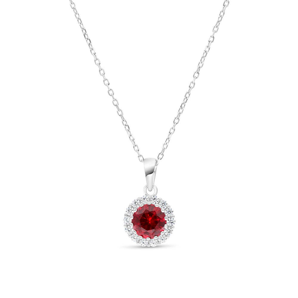 Sterling Silver 925 Necklace  Rhodium Plated Embedded With Ruby Corundum And White Zircon