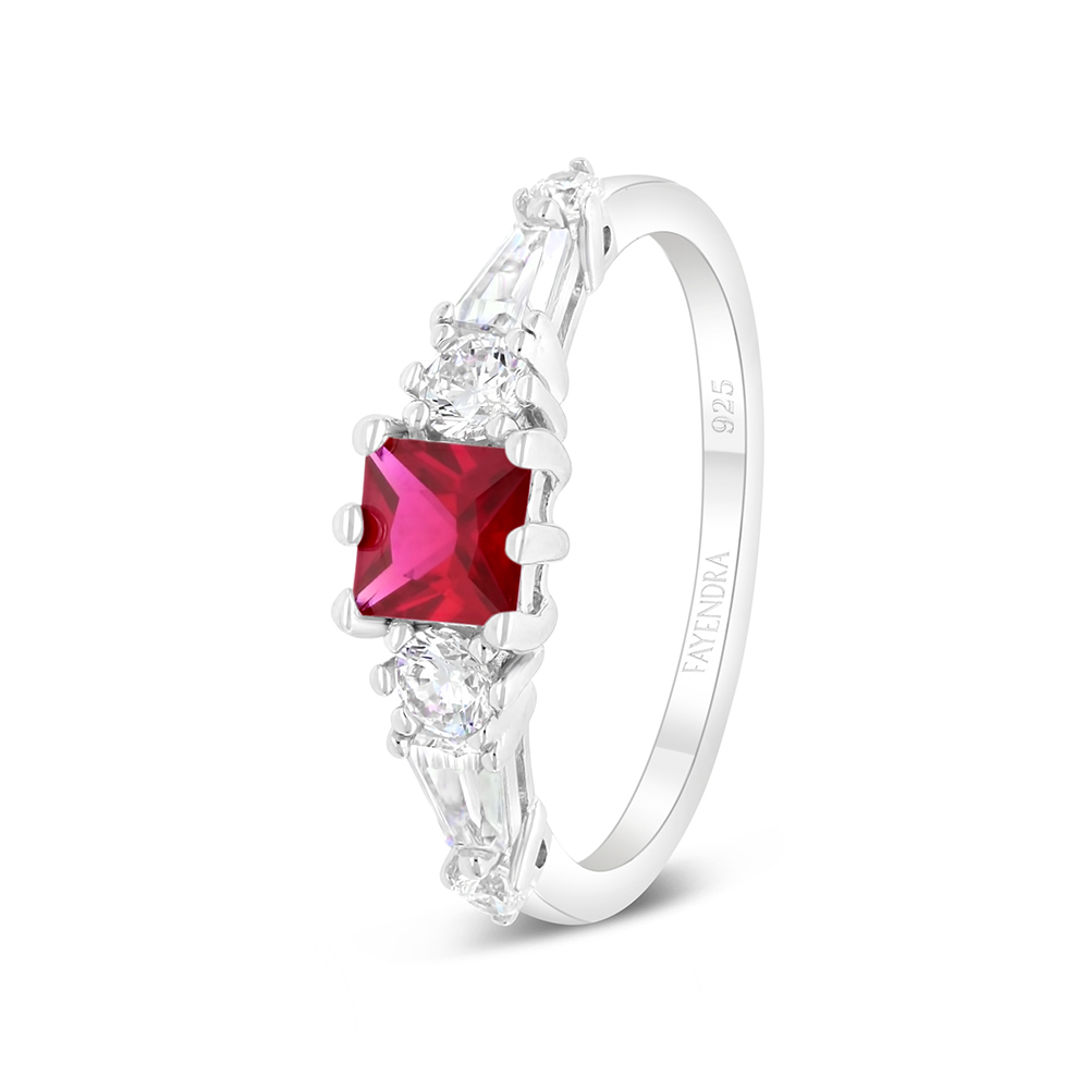 Sterling Silver 925 Ring  Rhodium Plated Embedded With Ruby Corundum And White Zircon