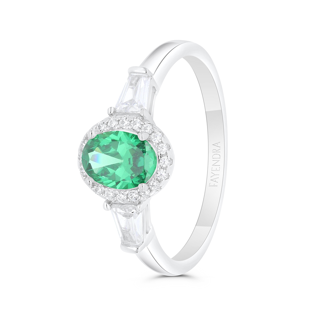 Sterling Silver 925 Ring Rhodium Plated Embedded With Emerald Zircon And White Zircon