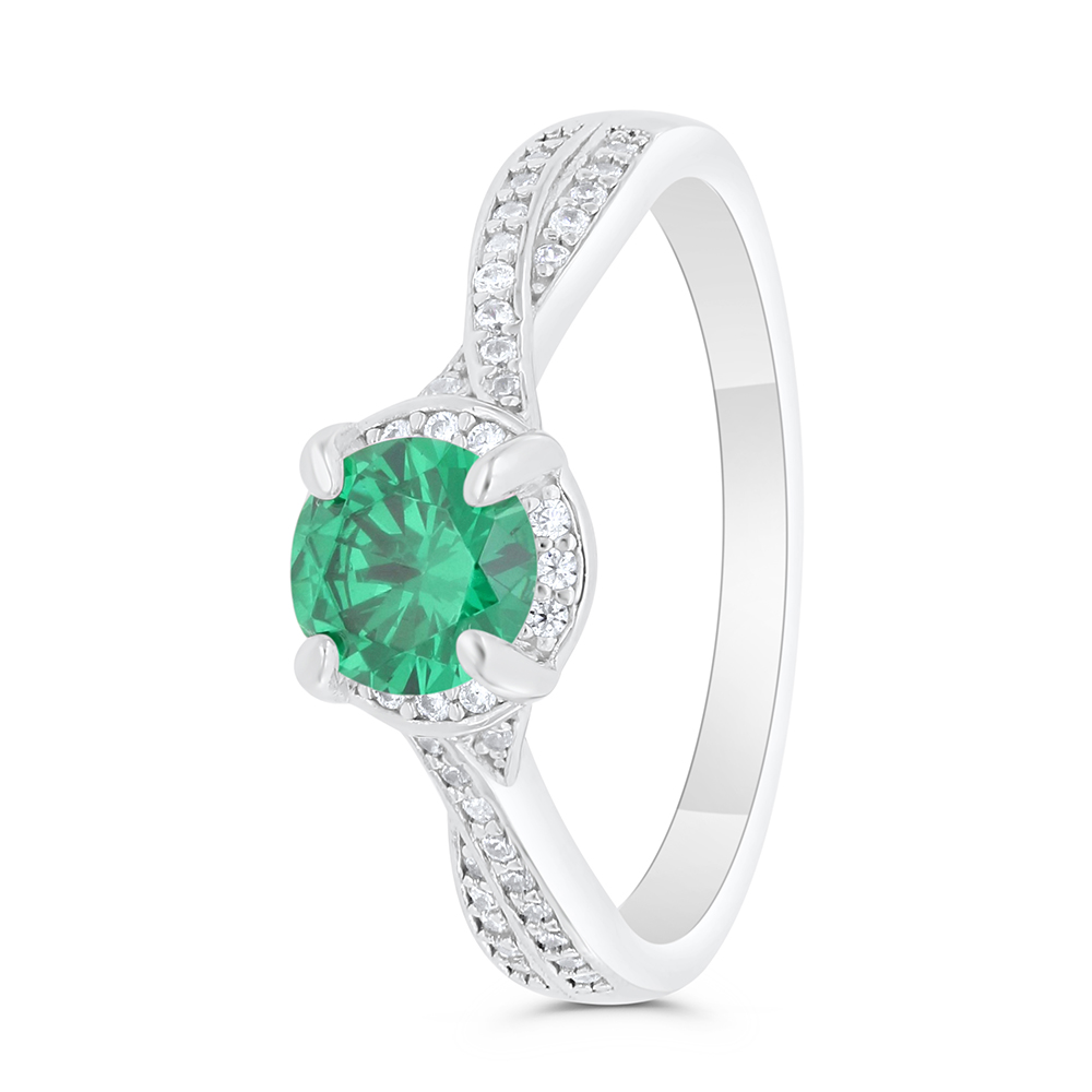 Sterling Silver 925 Ring Rhodium Plated Embedded With Emerald Zircon And White Zircon