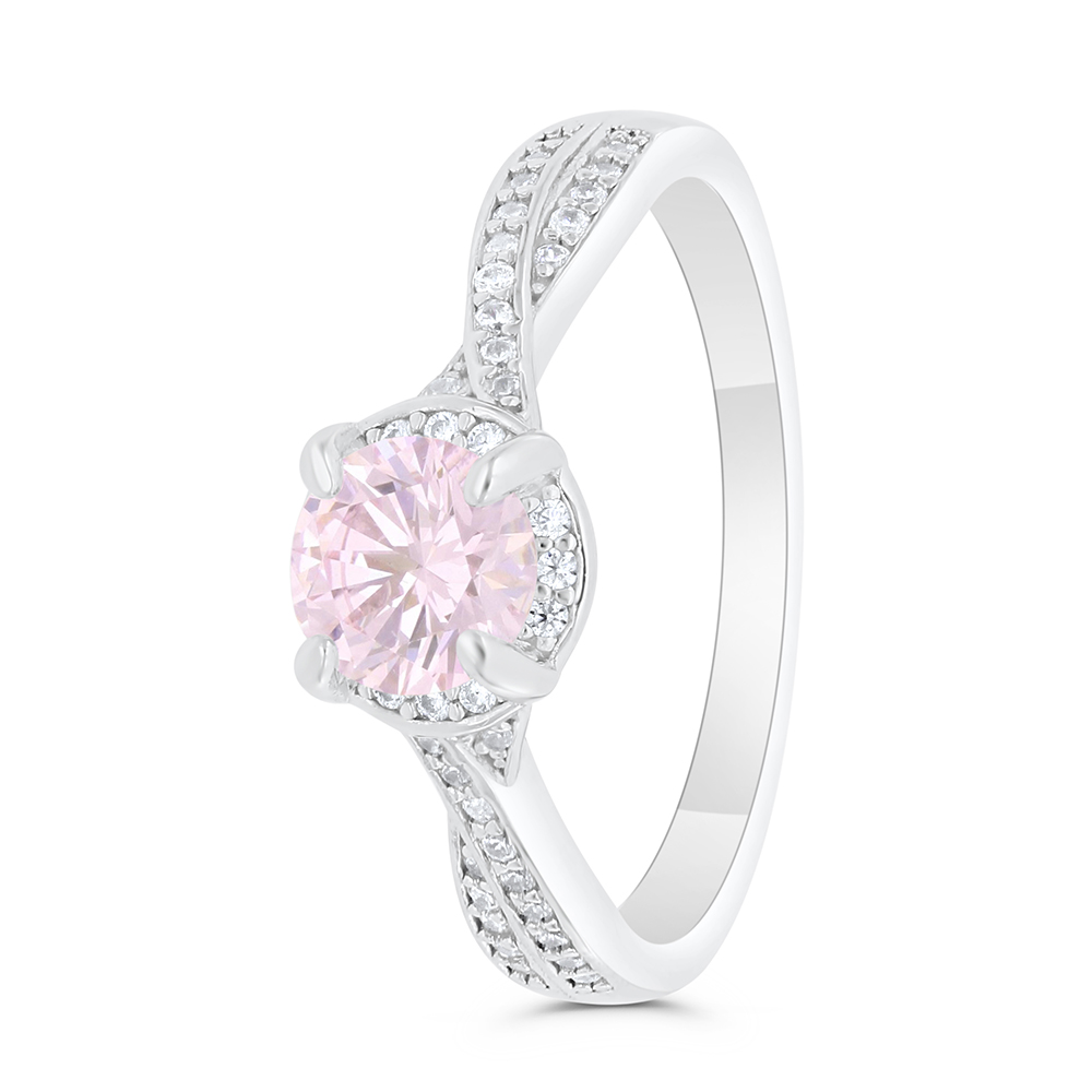 Sterling Silver 925 Ring Rhodium Plated Embedded With Pink Zircon And White Zircon