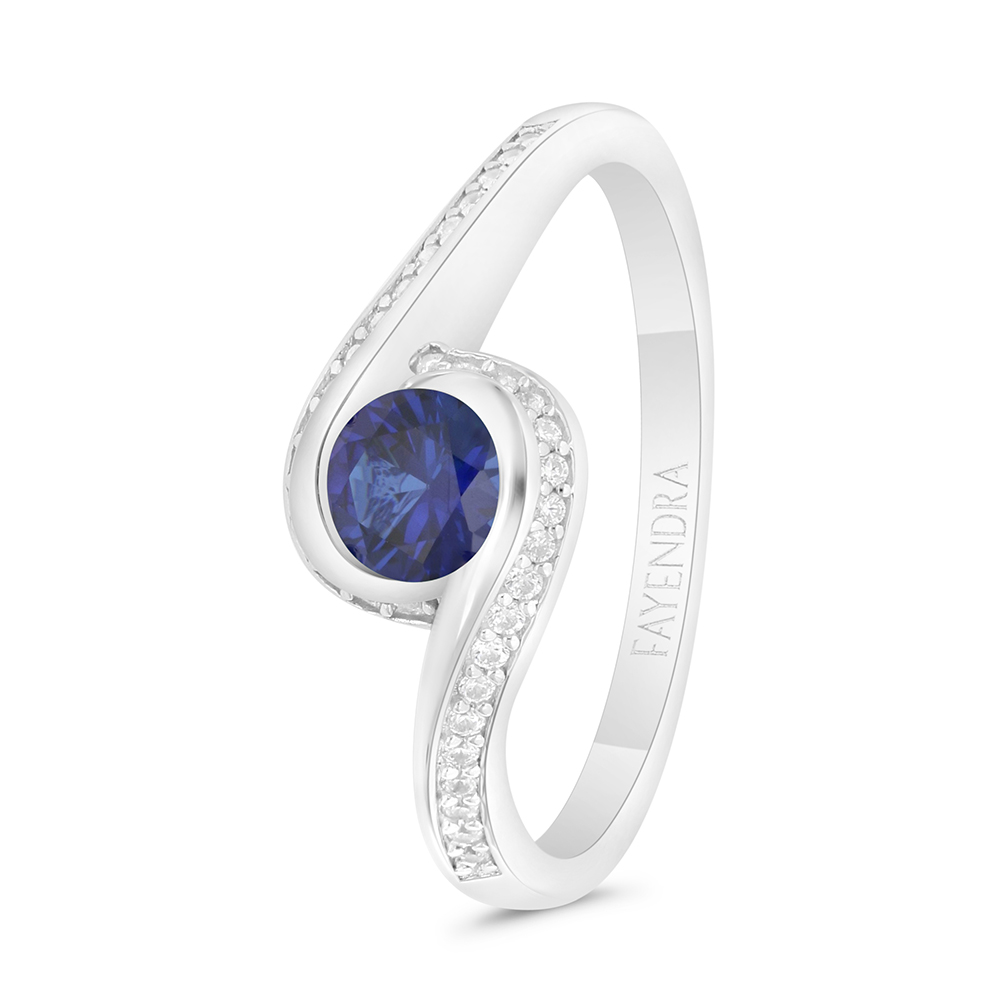 Sterling Silver 925 Ring Rhodium Plated Embedded With Sapphire Corundum And White Zircon