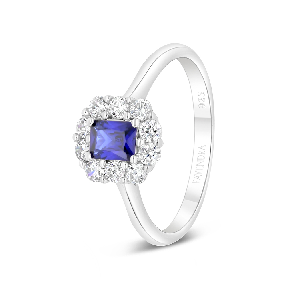 Sterling Silver 925 Ring Rhodium Plated Embedded With Sapphire Corundum And White Zircon