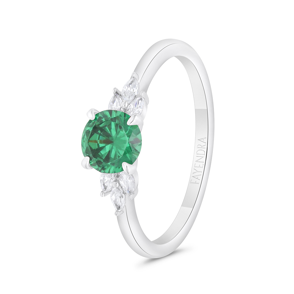 Sterling Silver 925 Ring Rhodium Plated Embedded With Emerald Zircon And White Zircon