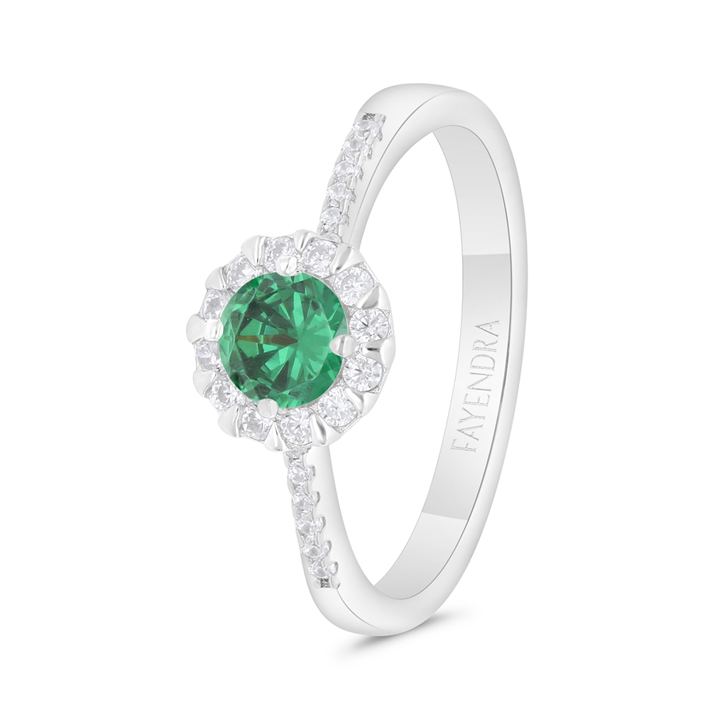 Sterling Silver 925 Ring Rhodium Plated Embedded With Emerald Zircon And White Zircon