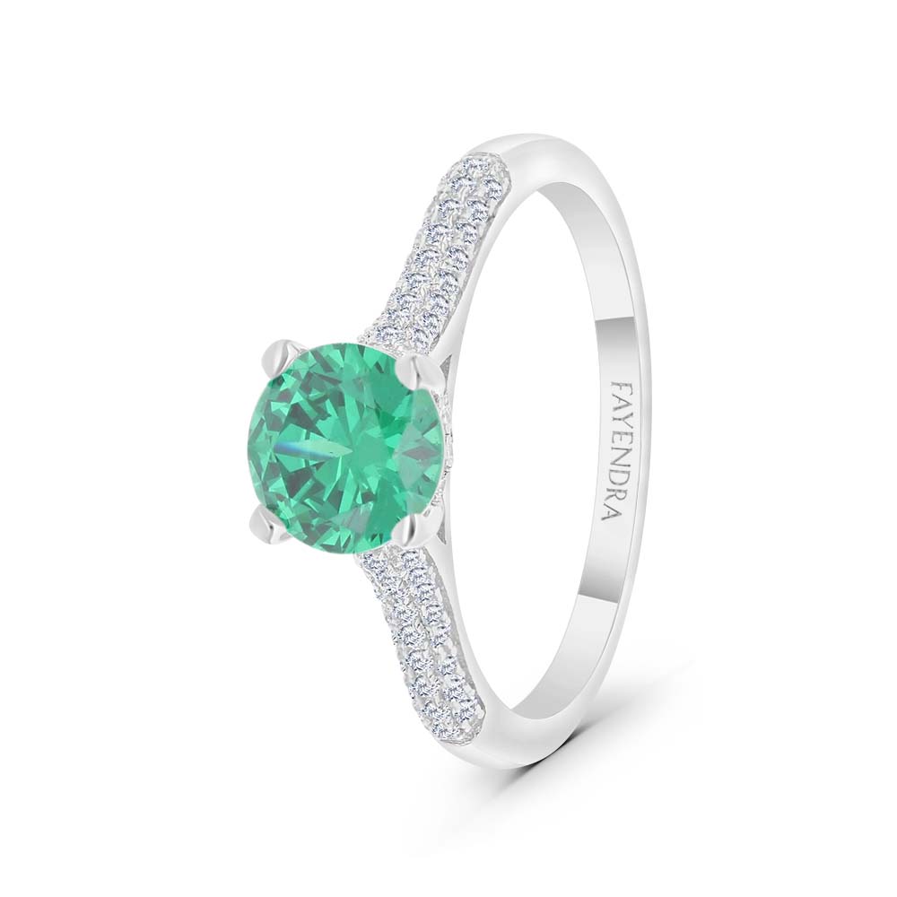 Sterling Silver 925 Ring Rhodium Plated Embedded With Emerald Zircon And White Zircon