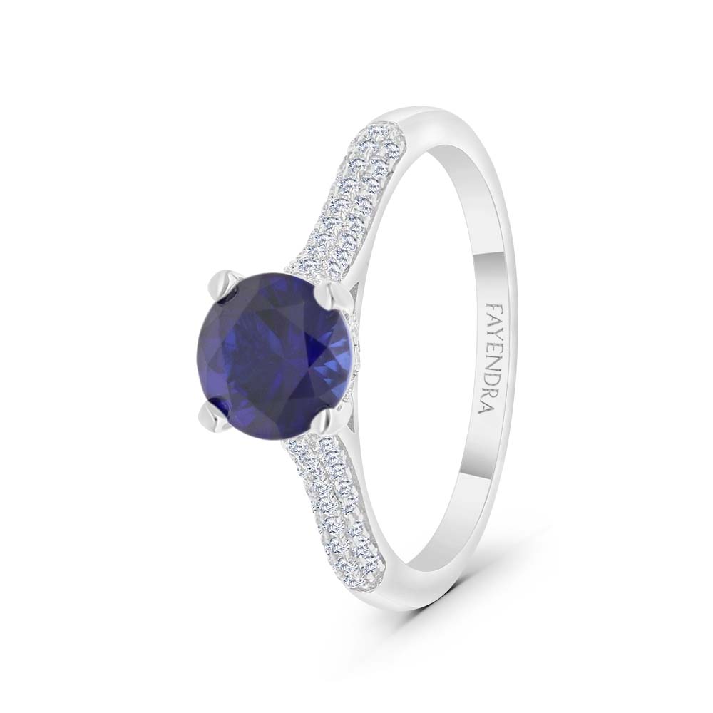 Sterling Silver 925 Ring Rhodium Plated Embedded With Sapphire Corundum And White Zircon