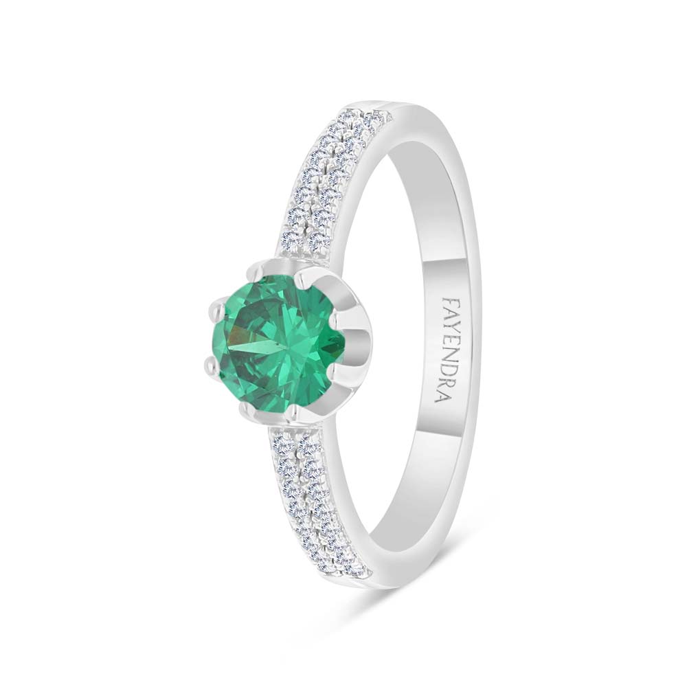 Sterling Silver 925 Ring Rhodium Plated Embedded With Emerald Zircon And White Zircon